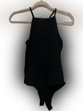 Ambiance Black Ribbed High-Neck Bodysuit with Adjustable Straps